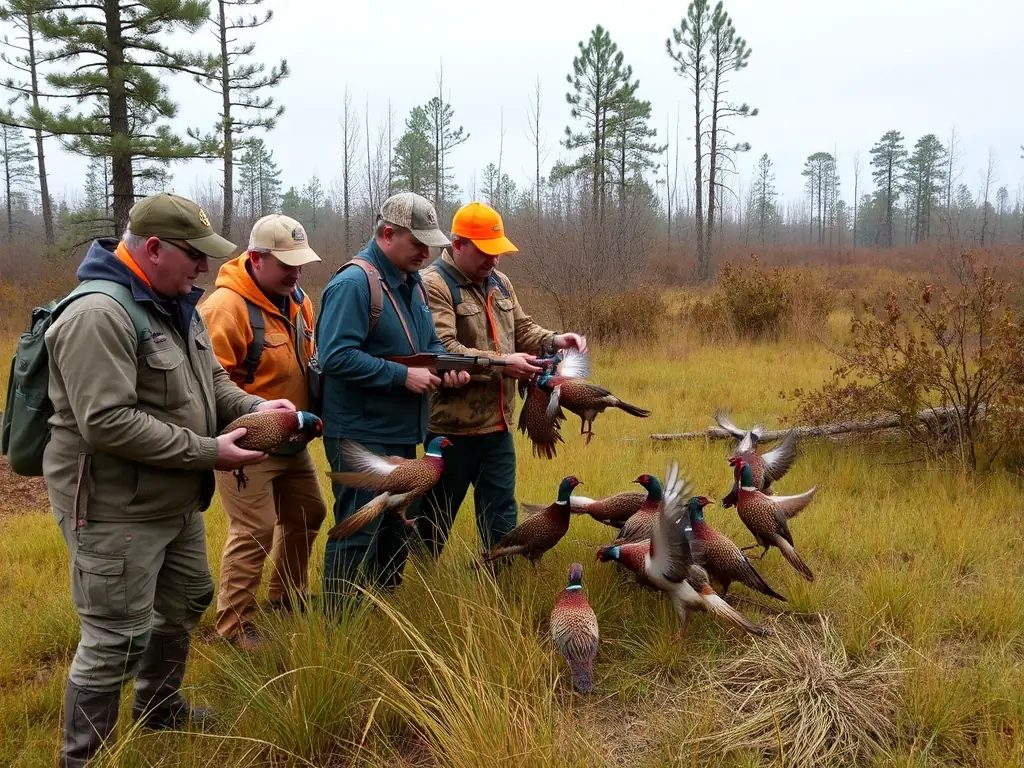 A photograph showing club members releasing pheasants into a managed habitat, illustrating the club's commitment to wildlife development.