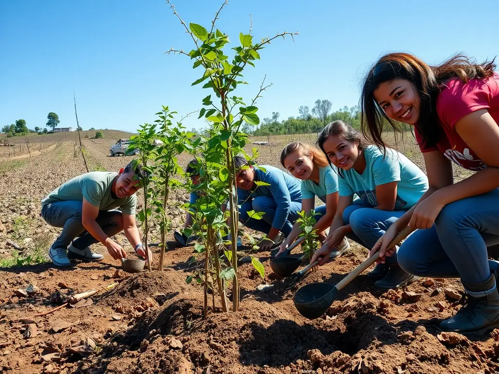 A photograph of a group of volunteers planting trees in a deforested area, highlighting the club's commitment to habitat restoration and environmental stewardship.