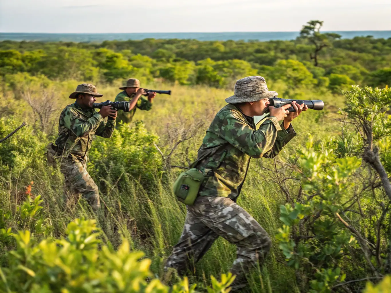 A group of hunters attending a workshop on wildlife management, with an instructor explaining best practices for sustainable hunting and conservation.