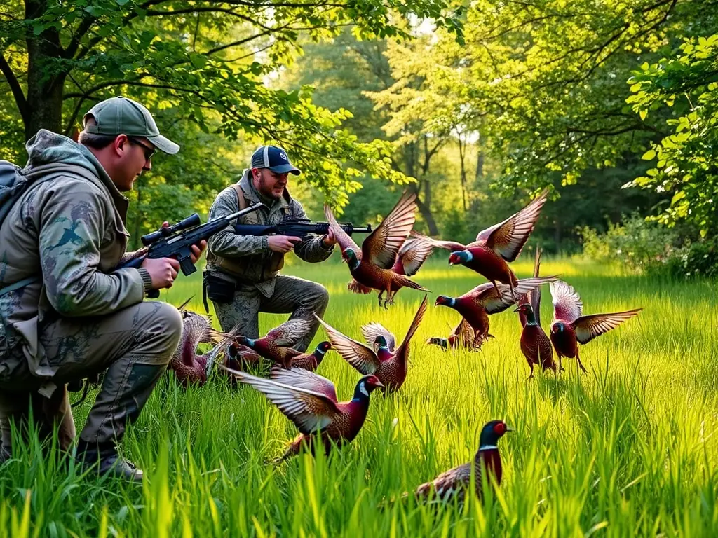A photograph depicting a group of hunters participating in a controlled pheasant hunting event in a rural field, showcasing responsible hunting practices.