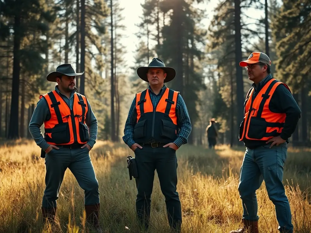 A scenic view of hunters participating in a controlled hunt in a vast, open field during sunrise, emphasizing safety and ethical hunting practices.